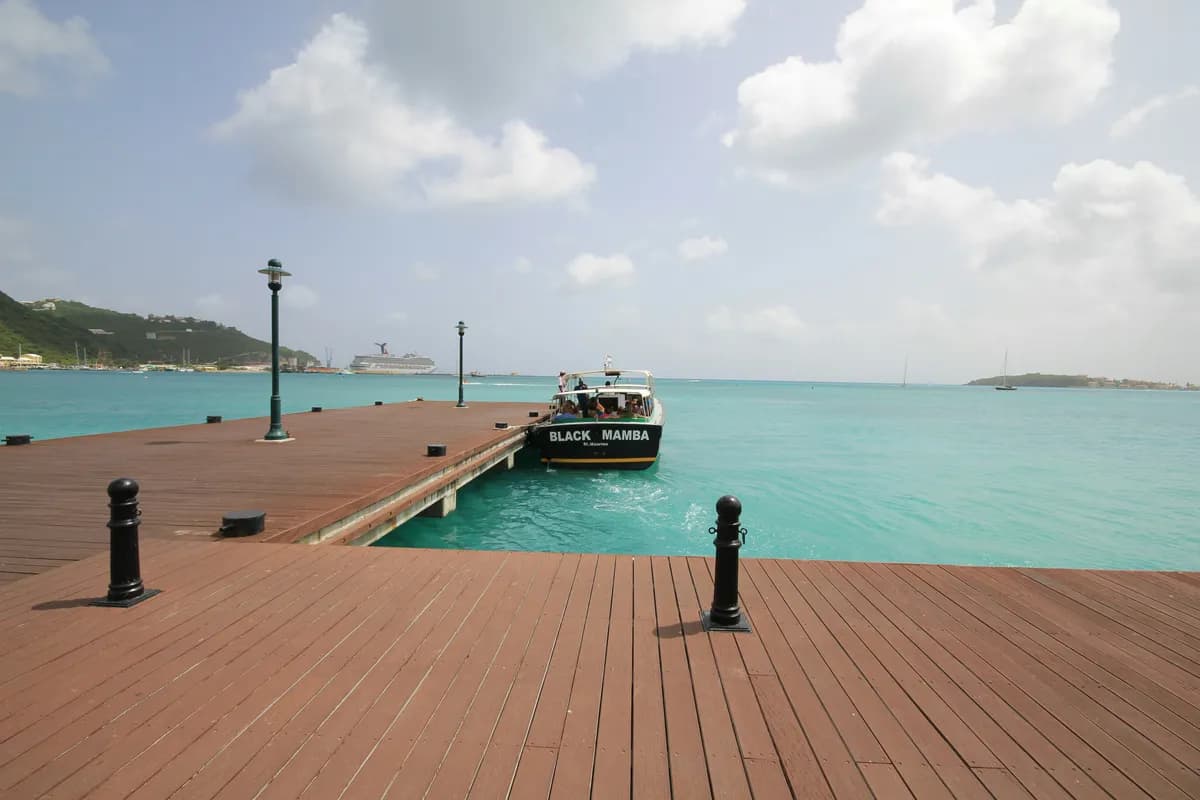 Philipsburg pier with cruise ship in Great Bay harbor, St. Maarten